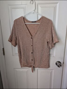 V-Neck Button Front Tie Hem Blouse - Brown/White Stripe